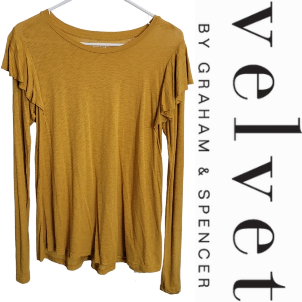 Velvet by Graham and Spencer Vintage Slub Ruffle Shoulder Long Sleeve Top